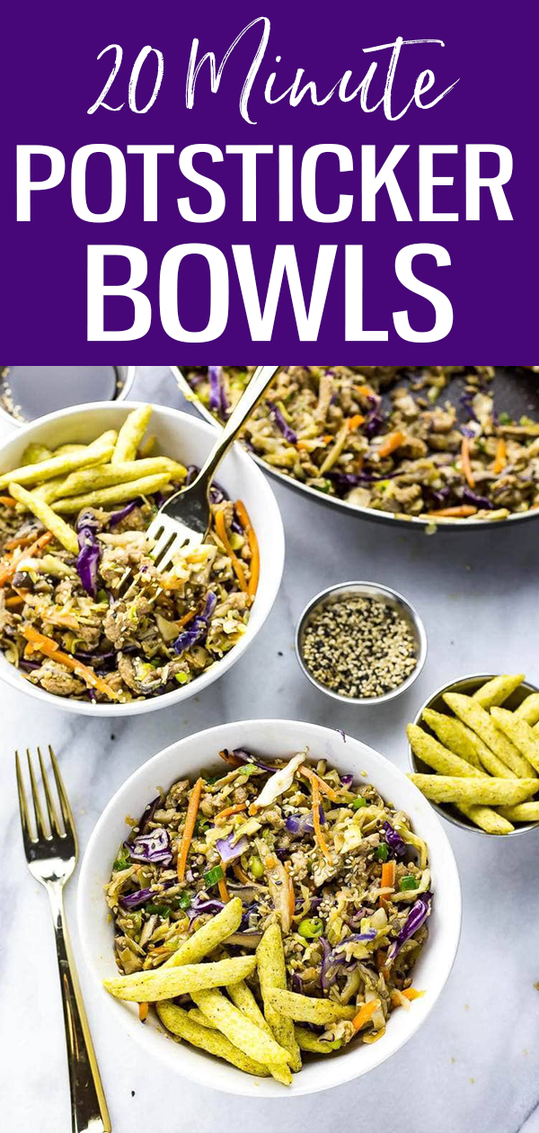 These Easy 20-Minute Potsticker Bowls are a quick low carb dinner idea made with ground chicken, coleslaw, mushrooms and sesame sauce! #mealprep #potstickerbowls