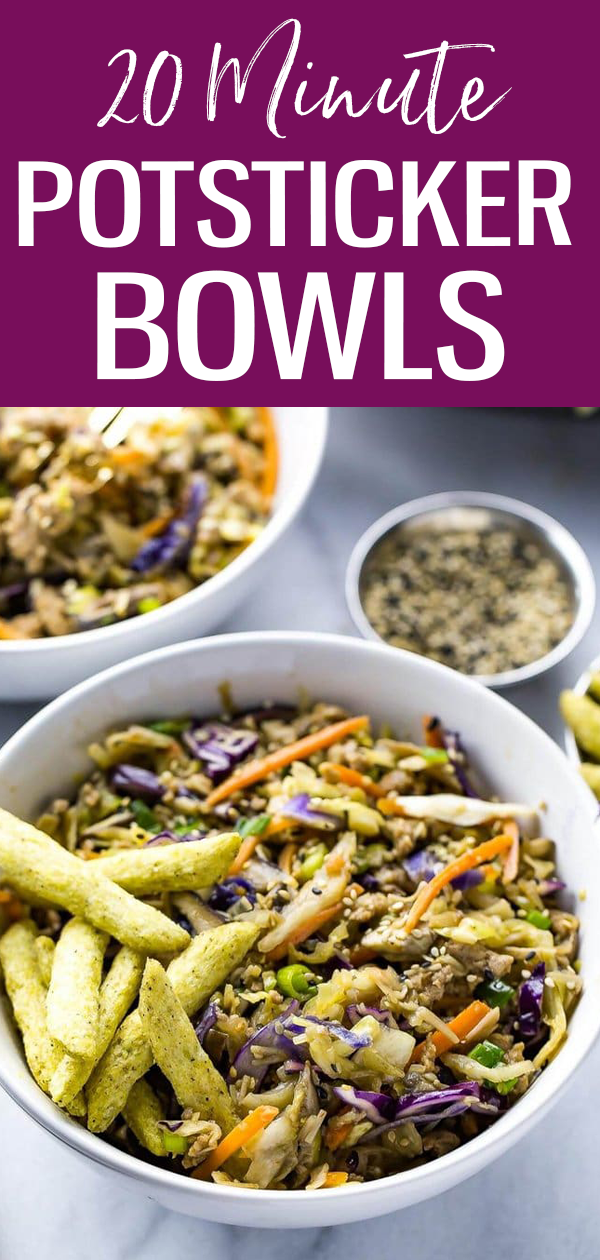 These Easy 20-Minute Potsticker Bowls are a quick low carb dinner idea made with ground chicken, coleslaw, mushrooms and sesame sauce! #mealprep #potstickerbowls