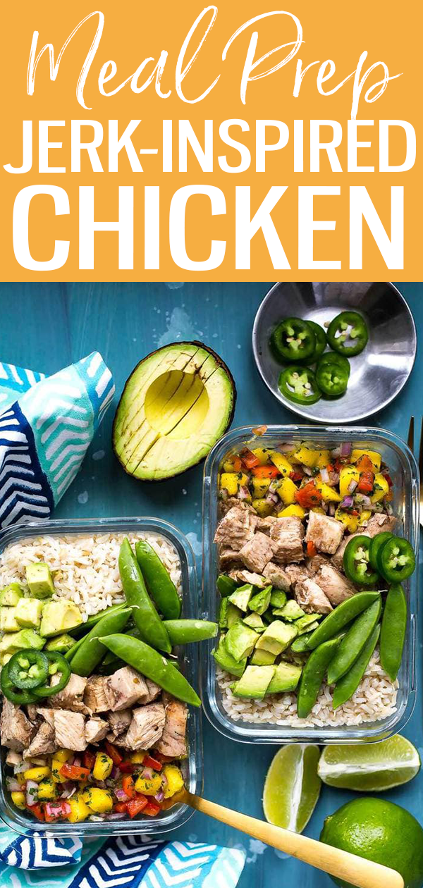 These Meal Prep Jerk-inspired Chicken Rice Bowls are the most delicious lunch idea with mango salsa, avocado and brown rice! #jerkchicken #mealprep
