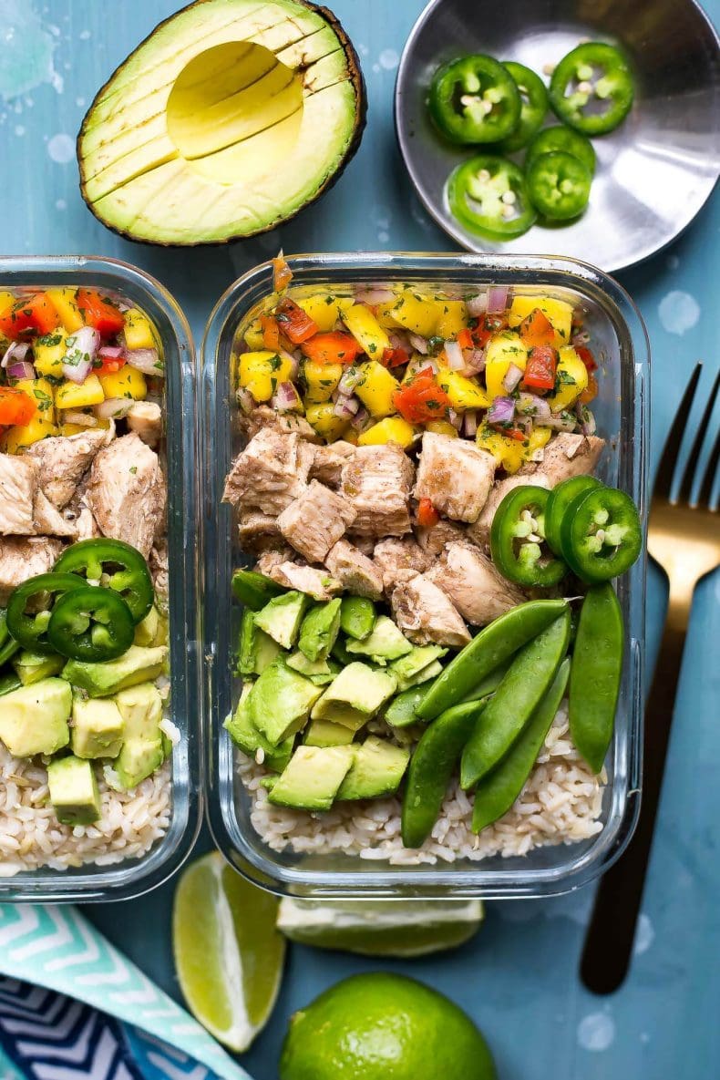 These Meal Prep Jerk Chicken Rice Bowls are the most delicious Caribbean-inspired lunch idea with mango salsa, avocado, jalapenos and brown rice!