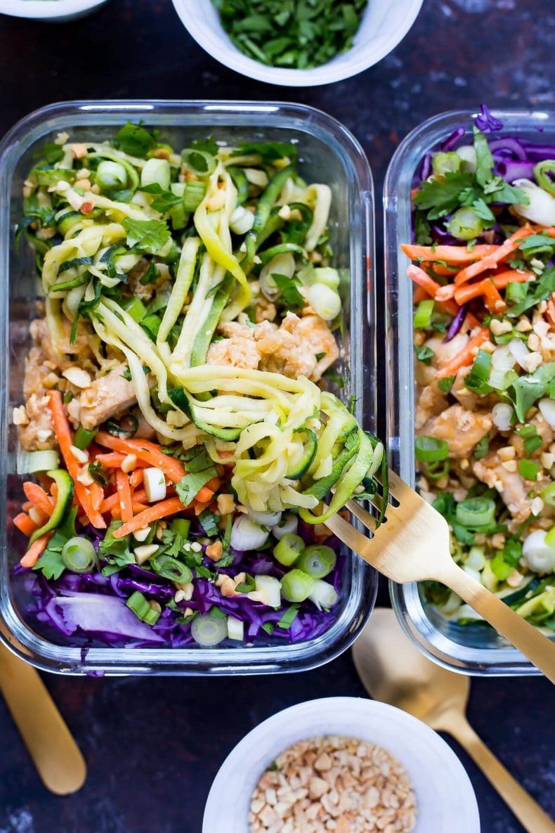 These Spiralized Pad Thai Chicken Meal Prep Bowls are a healthier, low-carb version of Thai takeout with spiralized zucchini, matchstick carrots, red cabbage and an easy sauce!