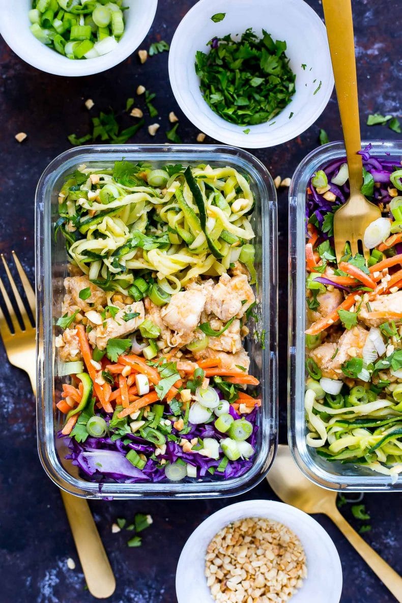 These Spiralized Pad Thai Chicken Meal Prep Bowls are a healthier, low-carb version of Thai takeout with spiralized zucchini, matchstick carrots, red cabbage and an easy sauce!