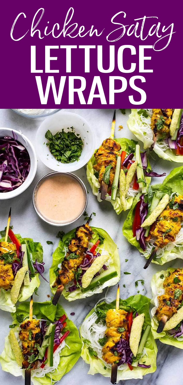 Chicken Satay Lettuce Wraps with an easy coconut-peanut dipping sauce, tons of veggies and vermicelli noodles are a delicious dinner idea! #lettucewraps #chickensatay