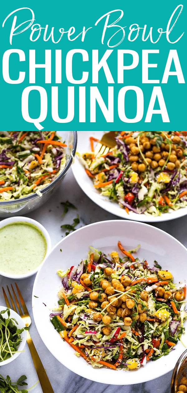 This Chickpea Quinoa Power Salad with Jalapeno Dressing is a delicious rainbow slaw with diced mango and chili lime chickpeas! #quinoa #chickpea #powerbowl