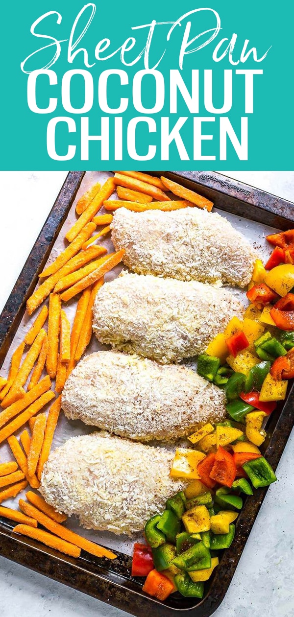 This Sheet Pan Coconut Crusted Chicken with mango salsa, bell peppers and sweet potato fries is the perfect dinner solution after a busy workday - and you can take the leftovers for lunch! #coconutchicken #sheetpan