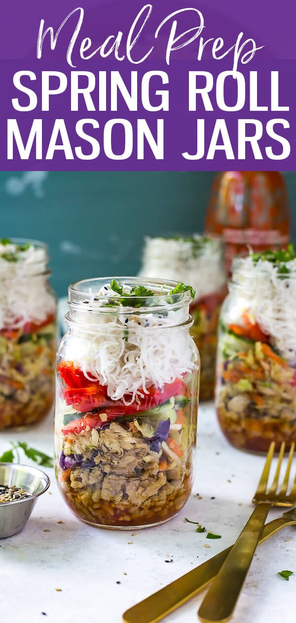 These Quick & Easy Chicken Spring Roll Jars are the perfect grab and go lunch. Assemble the noodles, ground chicken & veggies ahead of time and add a little sweet chili sauce for some kick! #springroll #masonjar #mealprep