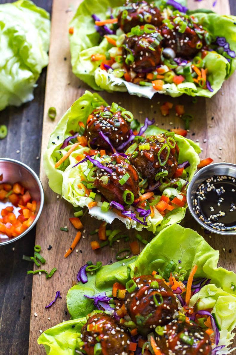 Sticky Sriracha Meatball Lettuce Wraps