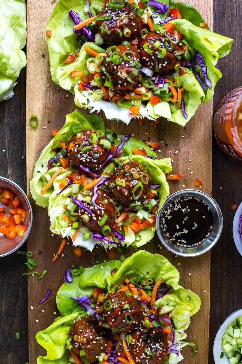 Sticky Sriracha Meatball Lettuce Wraps