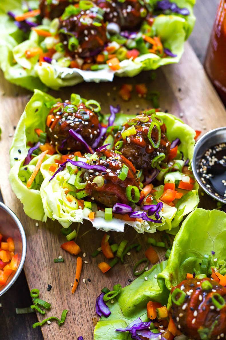 Sticky Sriracha Meatball Lettuce Wraps