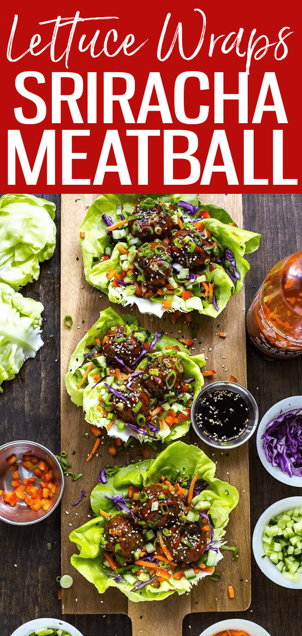 These Sriracha Meatball Lettuce Wraps are a super easy dinner that come together in 30-minutes – plus the meatballs are freezer-friendly! #srirachameatball #lettucewraps