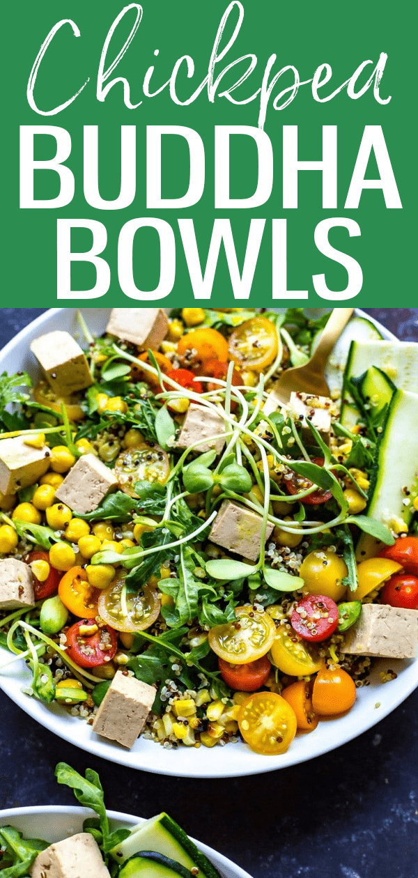 These vegan Summer Buddha Bowls with Turmeric Chickpeas, marinated tofu and quinoa are just as delicious as they are nutritious! #turmericchickpea #buddhabowls