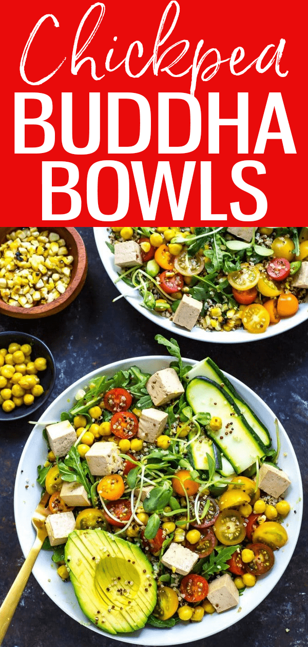 These vegan Summer Buddha Bowls with Turmeric Chickpeas, marinated tofu and quinoa are just as delicious as they are nutritious! #turmericchickpea #buddhabowls
