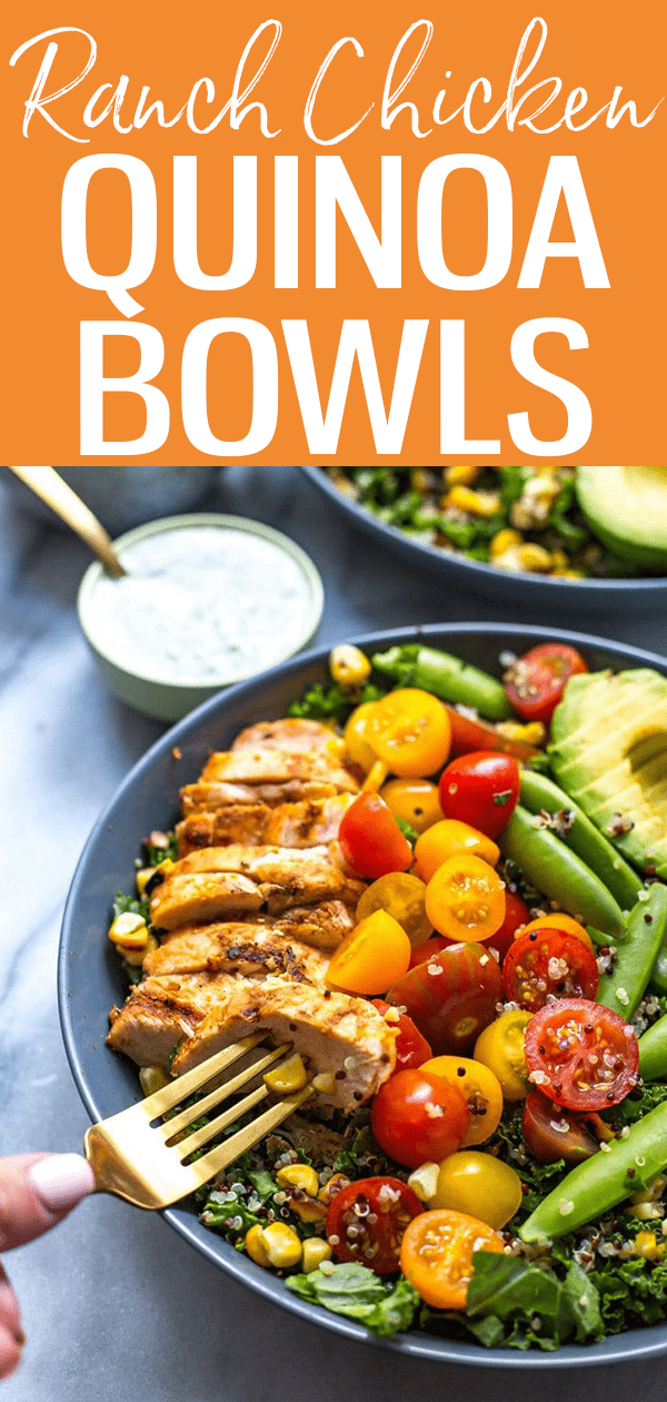 These Chicken Ranch Kale & Quinoa Bowls are delicious and gluten-free - the low calorie homemade ranch dressing is super easy too! #ranchchicken #quinoabowl