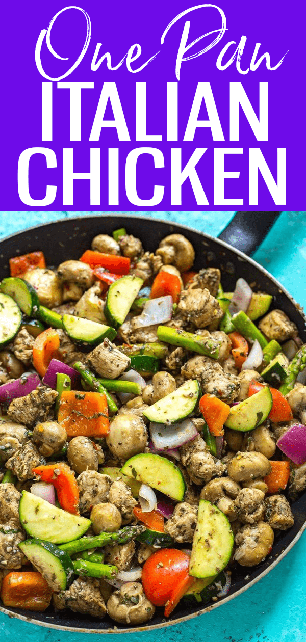 This 30-Minute One Pan Italian Chicken Skillet is a delicious, low calorie meal that you can enjoy as lunch meal prep or for dinner. #onepan #chickenskillet #italianchicken