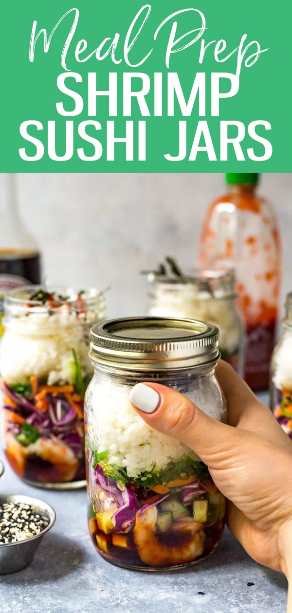 These Dynamite Shrimp Sushi Jars are the perfect grab and go lunch, filled with all the flavours of your favourite sushi roll along with seaweed salad! #shrimp #sushijars #masonjar #mealprep