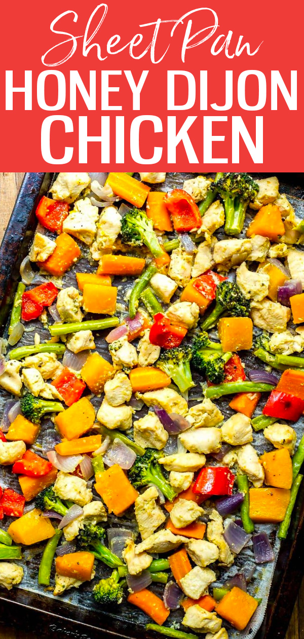 This Sheet Pan Honey Dijon Chicken with butternut squash is a delicious meal that comes together in 30 minutes - it's great for meal prep. #sheetpan #honeydijonchicken