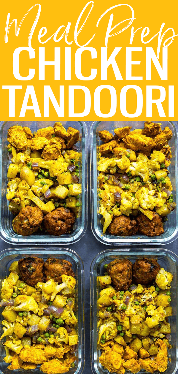 These Chicken Tandoori Meal Prep Bowls are a tasty Indian-inspired sheet pan meal idea ready in 45 minutes – they've even got pakoras! #sheetpan #chickentandoori