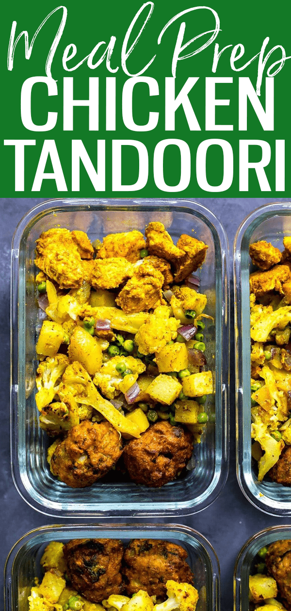 These Chicken Tandoori Meal Prep Bowls are a tasty Indian-inspired sheet pan meal idea ready in 45 minutes – they've even got pakoras! #mealprep #chickentandoori