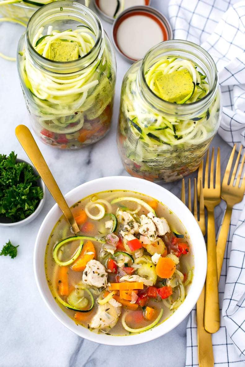 Spiralized Zucchini Chicken Noodle Soup Jars