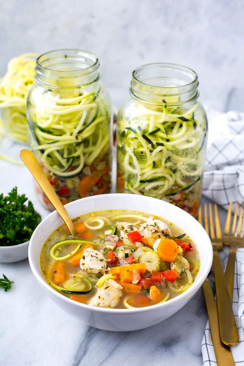 bowl of spiralized zucchini chicken noodle soup