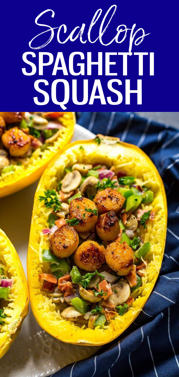 This Healthy Scallop Spaghetti Squash Carbonara is made with turkey bacon, peppers and mushrooms with a delicious cream sauce. #spaghettisquash #scallops