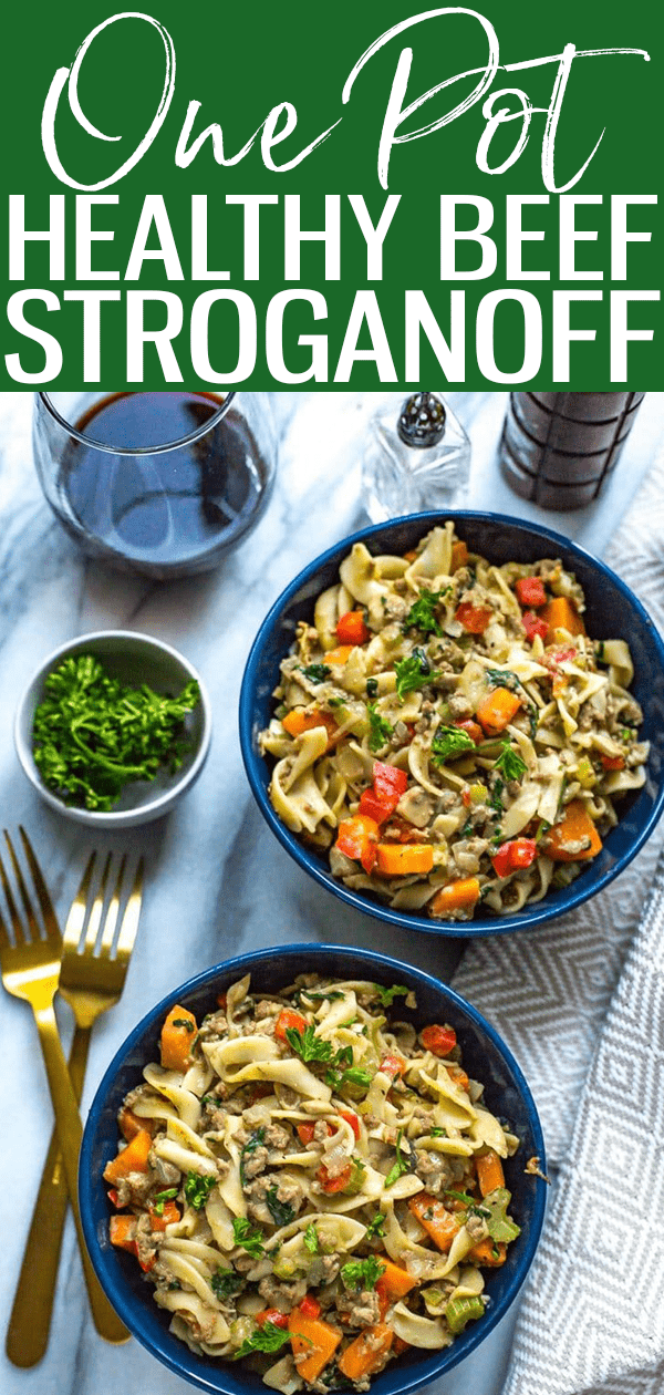 This Healthy One Pot Beef Stroganoff is a delicious 30-minute dinner idea that is also freezer-friendly and sneakily packed with veggies. #onepot #beefstroganoff