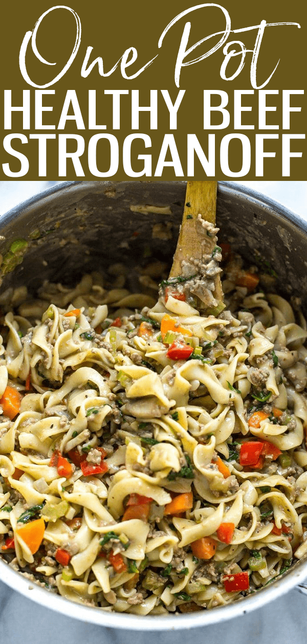 This Healthy One Pot Beef Stroganoff is a delicious 30-minute dinner idea that is also freezer-friendly and sneakily packed with veggies. #onepot #beefstroganoff