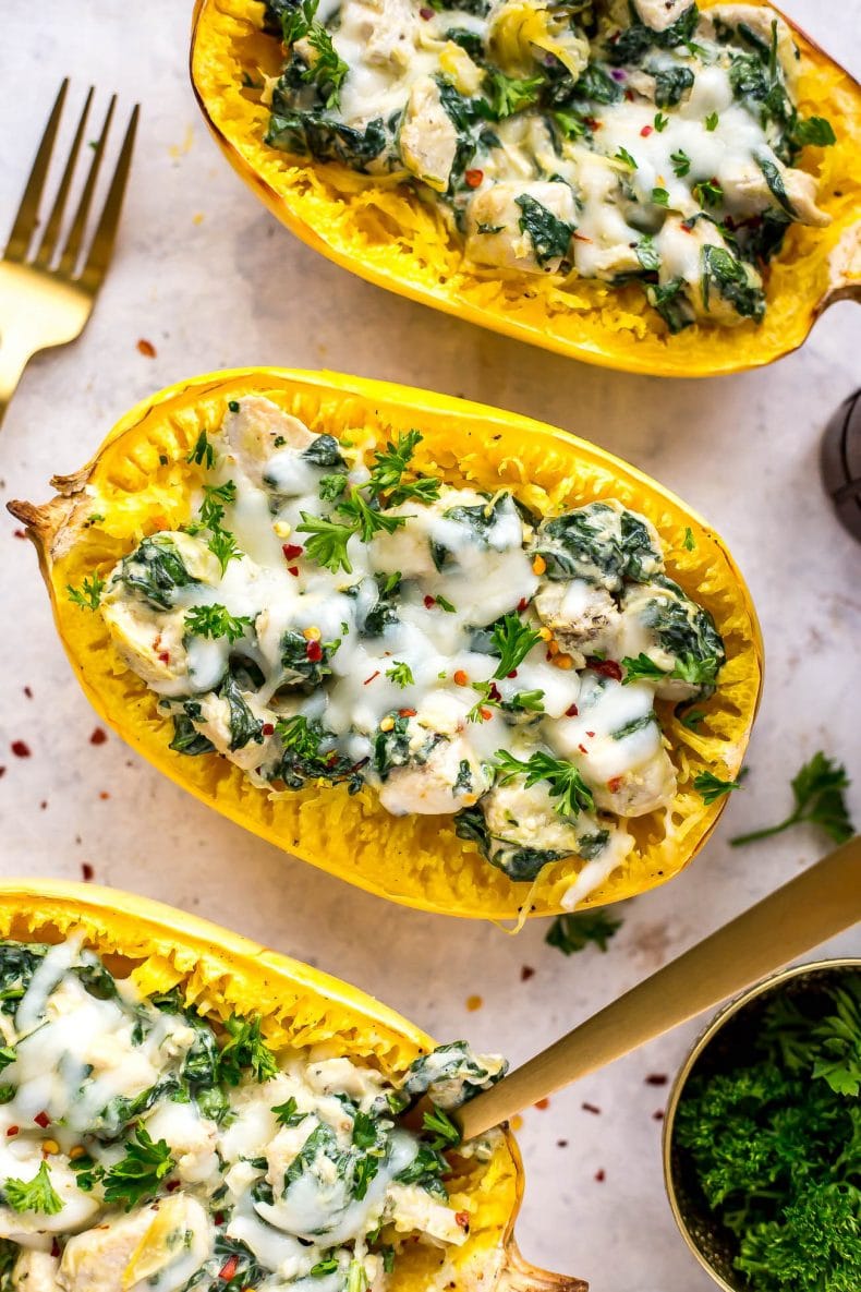 Chicken, Spinach & Artichoke Spaghetti Squash