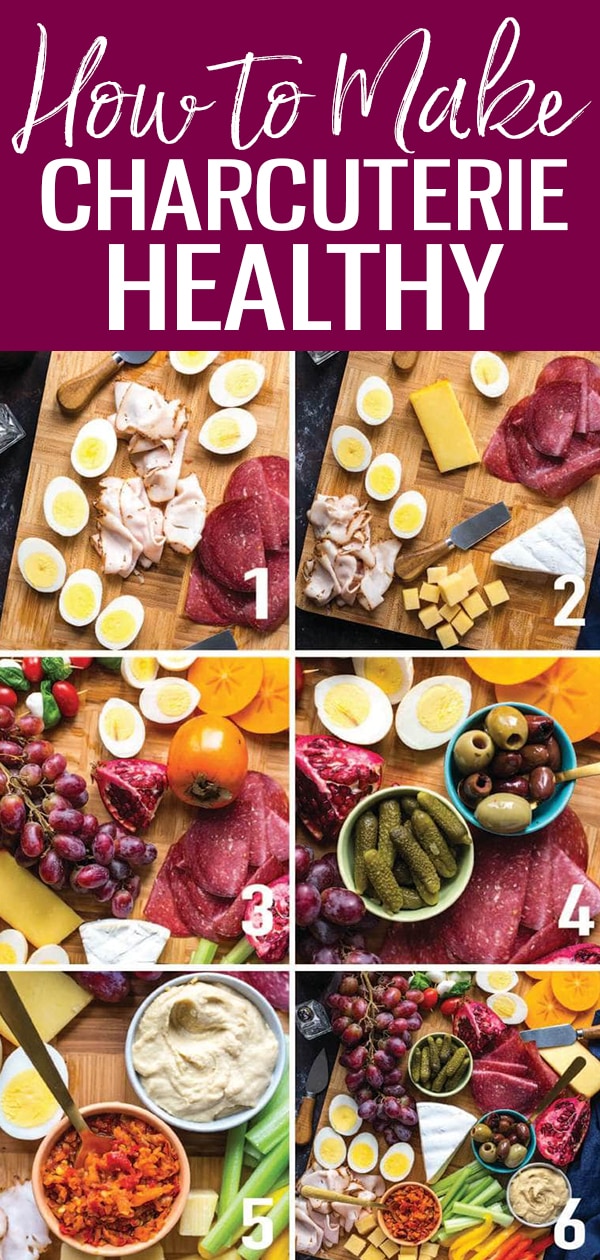 This Protein-Packed Healthy Charcuterie Board is a delicious holiday appetizer idea with low-calorie ingredients like hard-boiled eggs, lean-deli turkey, a variety of cheeses, pickles, hummus and more! #charcuterie #meatandcheese
