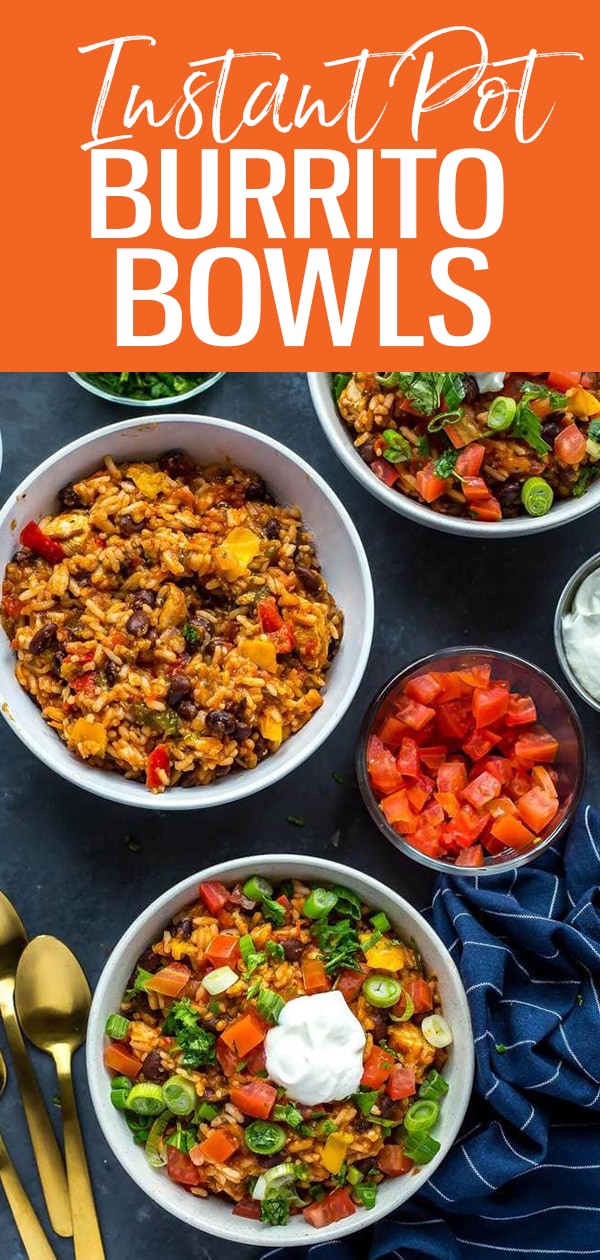 These 20-Minute Instant Pot Chicken Burrito Bowls are a delicious, healthy quick dinner or meal prep idea using mostly pantry staples - read on for a slow cooker option! #instantpot #burritobowls