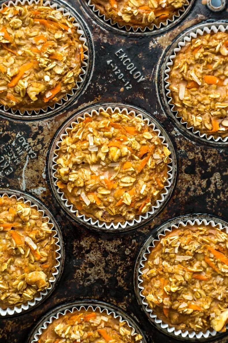 close up image of carrot cake oatmeal muffins