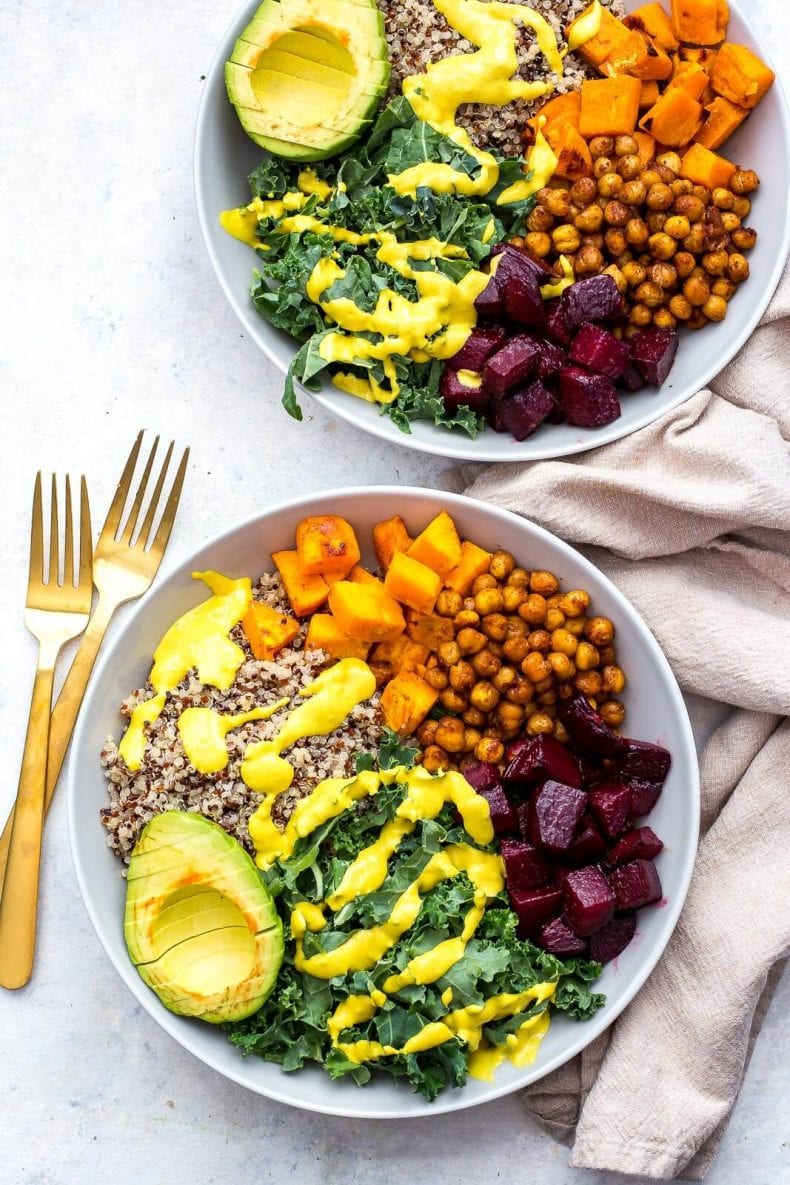 Sheet Pan Buddha Bowls with Turmeric Tahini Dressing