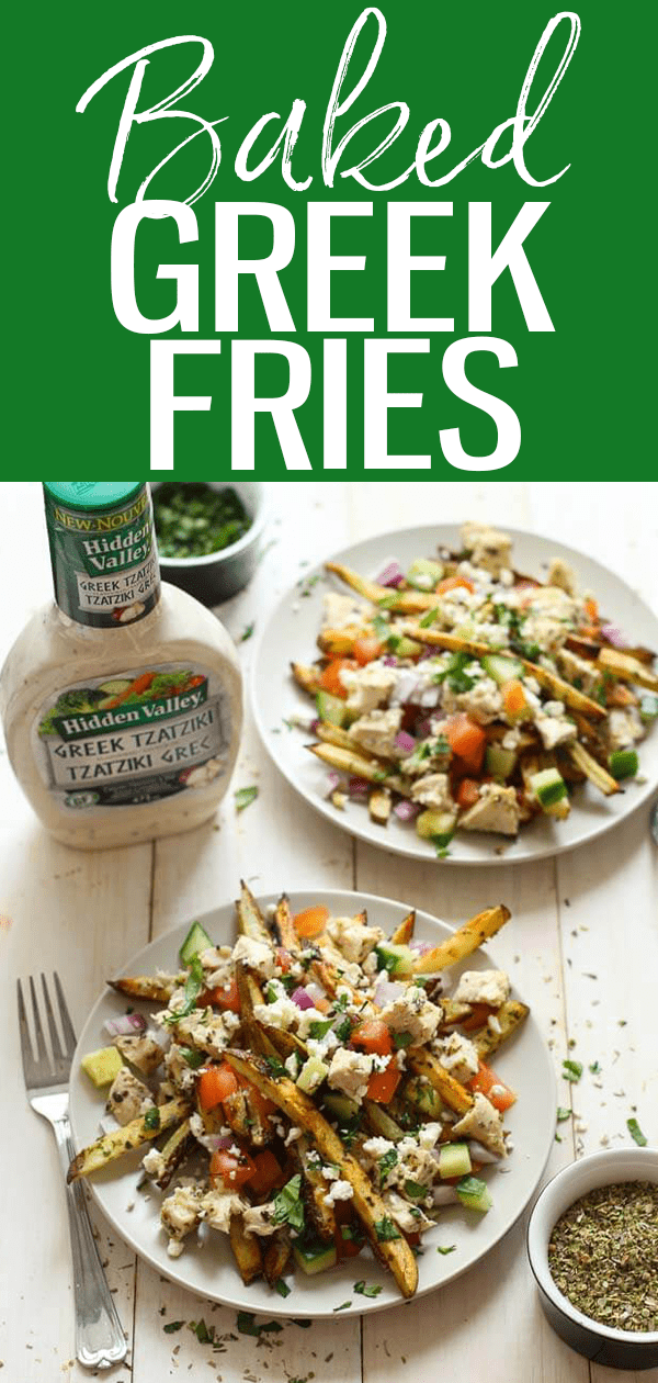 These Baked Greek Fries with Chicken, Feta & Tzatziki are a healthy dinner idea loaded with Mediterranean-inspired flavours. #greekchicken #loadedfries