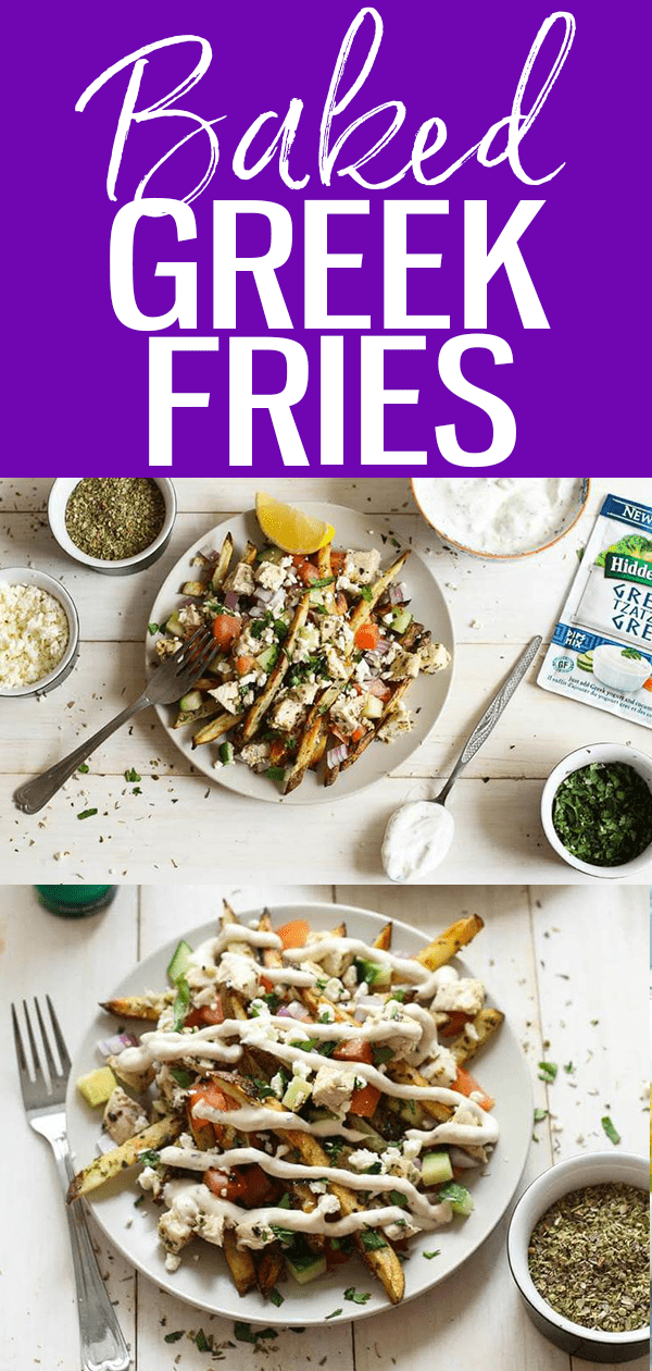 These Baked Greek Fries with Chicken, Feta & Tzatziki are a healthy dinner idea loaded with Mediterranean-inspired flavours. #greekchicken #loadedfries