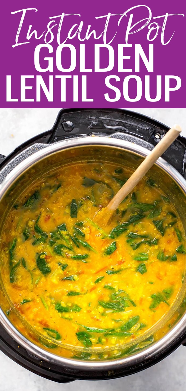 This Instant Pot Golden Turmeric Lentil Soup is a delicious, vibrant vegan soup made with coconut milk and spices. Dump it all in one pot and dinner's ready in 20 minutes! #instantpot #lentilsoup