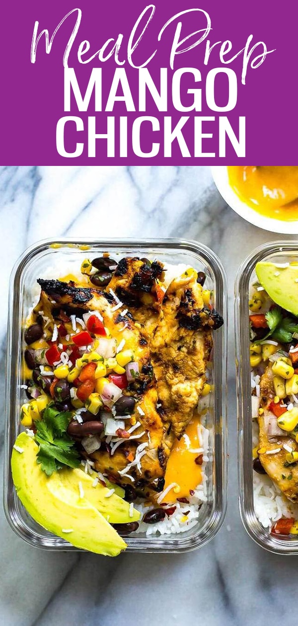 These Coconut Mango Chicken Meal Prep Bowls with basmati rice, corn salsa and an easy mango marinade are a delicious way to prep your lunches for the week!#coconut #mangochicken #mealprep