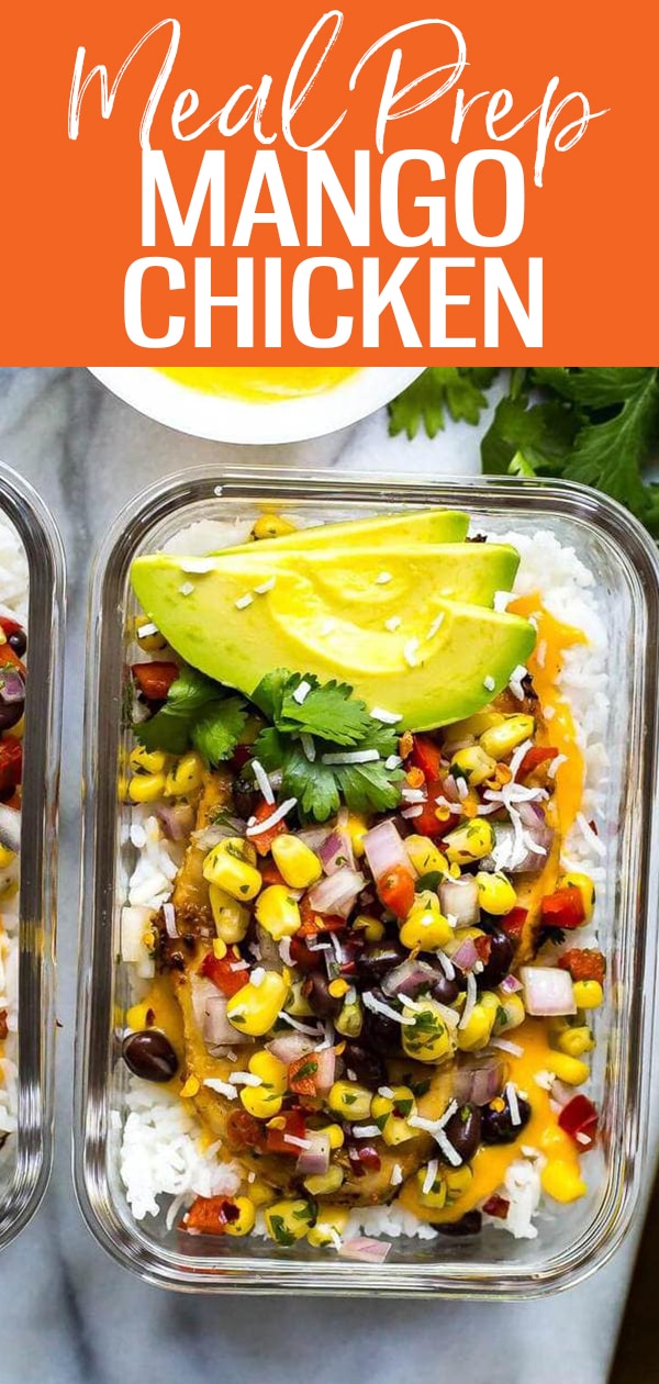 These Coconut Mango Chicken Meal Prep Bowls with basmati rice, corn salsa and an easy mango marinade are a delicious way to prep your lunches for the week!#coconut #mangochicken #mealprep