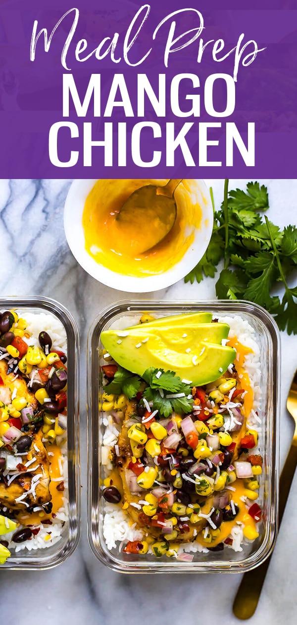 These Coconut Mango Chicken Meal Prep Bowls with basmati rice, corn salsa and an easy mango marinade are a delicious way to prep your lunches for the week! #mangochicken #mealprep