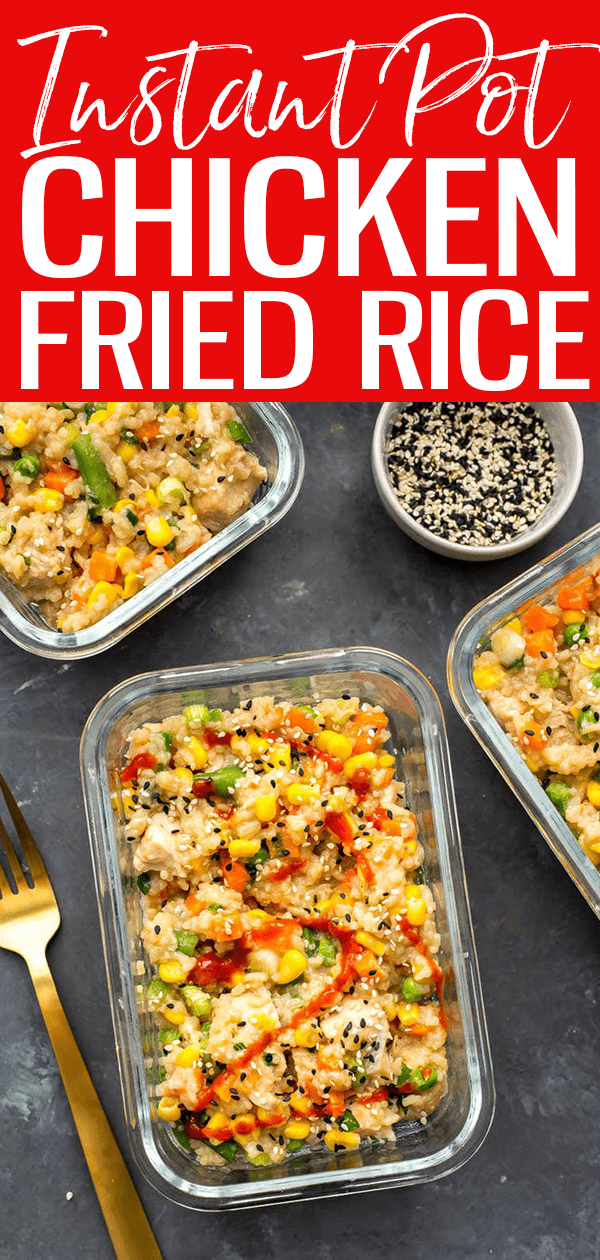 These Instant Pot Chicken Fried Rice Meal Prep Bowls come together in one pot - all you need is rice, chicken and frozen veggies! #chickenfriedrice #instantpot