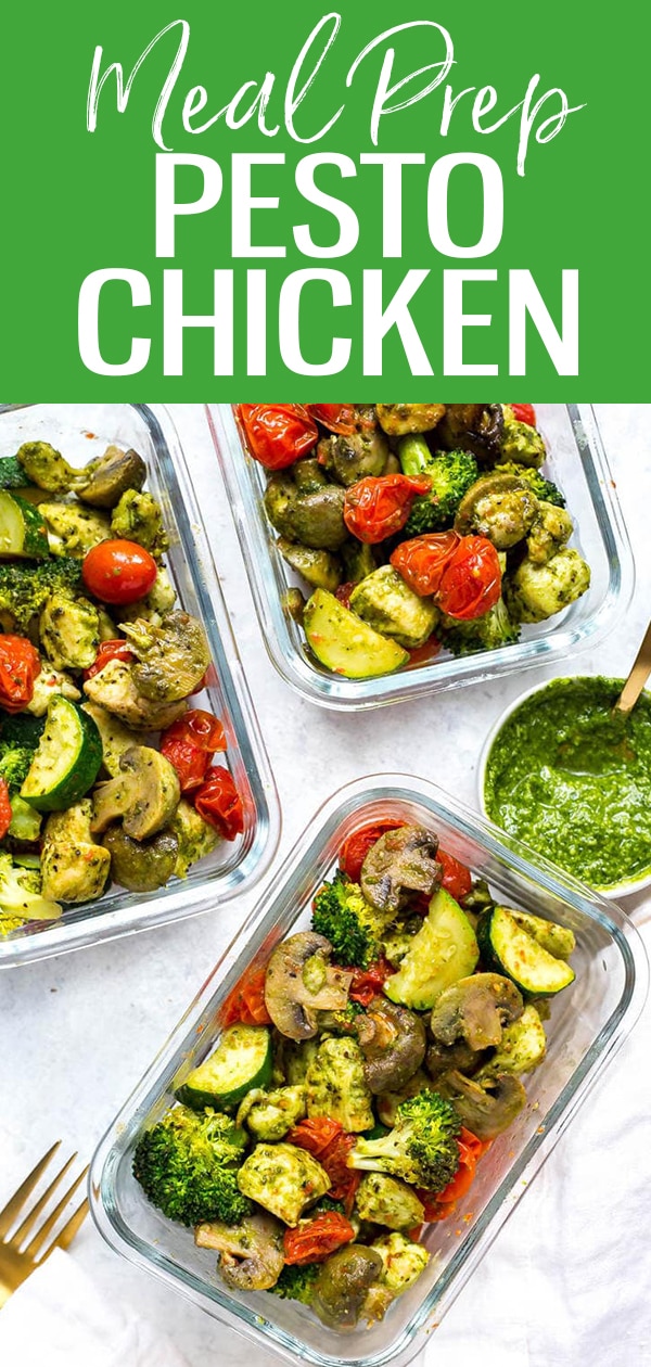 These Sheet Pan Pesto Chicken Meal Prep Bowls are a delicious way to enjoy your veggies and basil pesto, and they're a low carb lunch idea that comes together in 30 minutes! #sheetpan #pestochicken