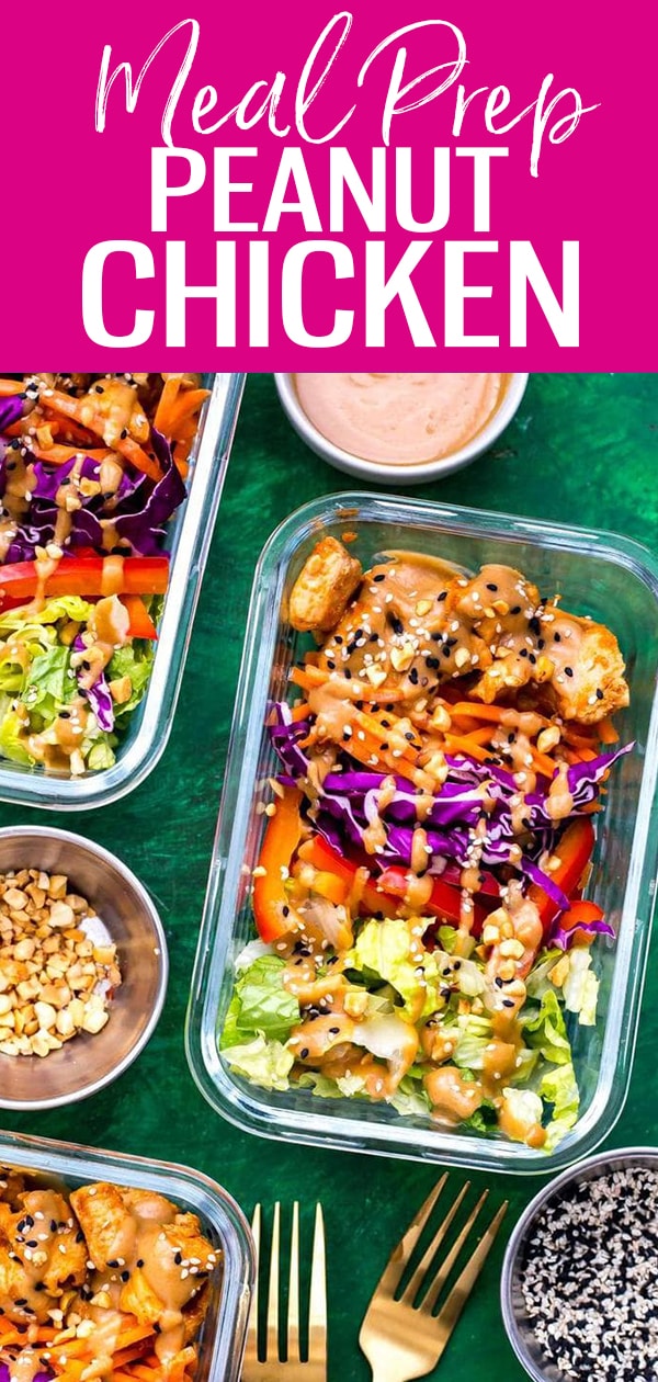 These Peanut Chicken Meal Prep Bowls come together with sautéed chicken, a rainbow of veggies and a delicious peanut sauce for a healthy make ahead, low carb lunch idea! #peanutchicken #mealprep