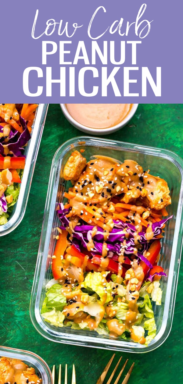 These Peanut Chicken Meal Prep Bowls come together with sautéed chicken, a rainbow of veggies and a delicious peanut sauce for a healthy make ahead, low carb lunch idea! #peanutchicken #mealprep