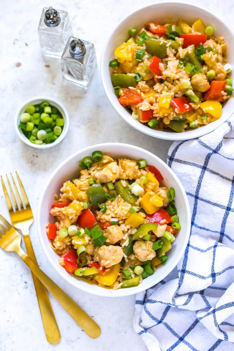 bowls of sweet and sour pineapple chicken made in an Instant Pot