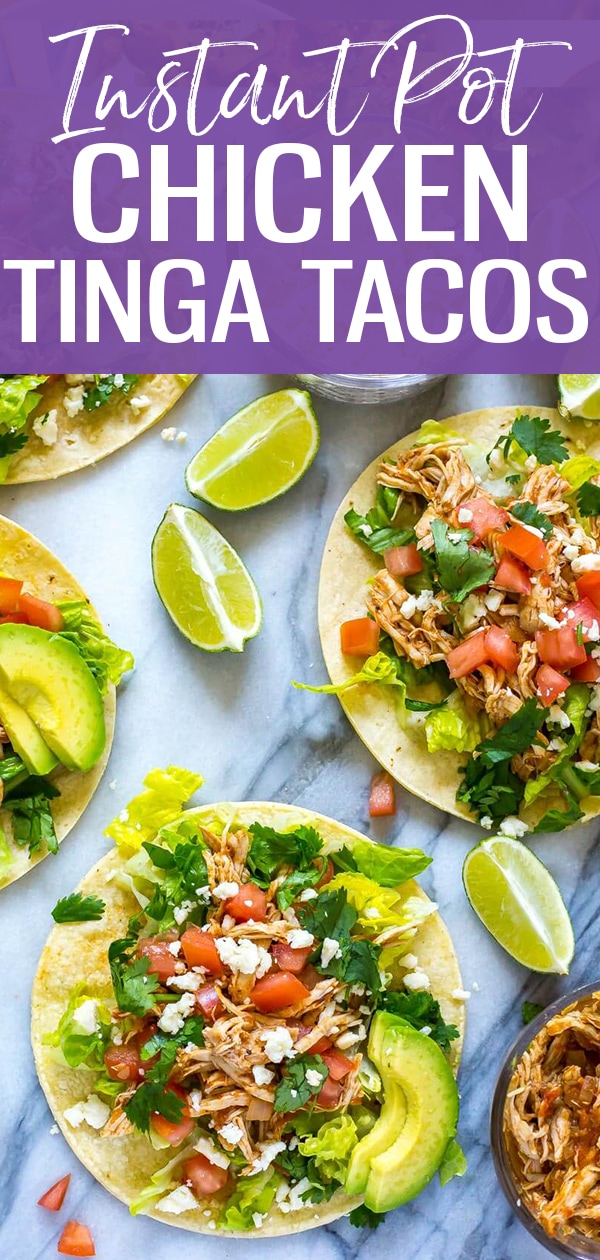 These Instant Pot Chicken Tinga Tacos are a delicious smoky take on a Mexican food favourite - made with fire-roasted tomatoes and a hint of chipotle, they're gluten-free, come together in 30 minutes and you can prep the toppings while the chicken cooks! #instantpot #tacos #chickentinga