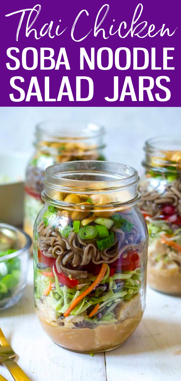 These Thai Chicken Soba Noodle Salad Jars are a delicious summer meal prep idea and a fun twist on a cold noodle salad.  #thaichicken #sobanoodles #saladjars