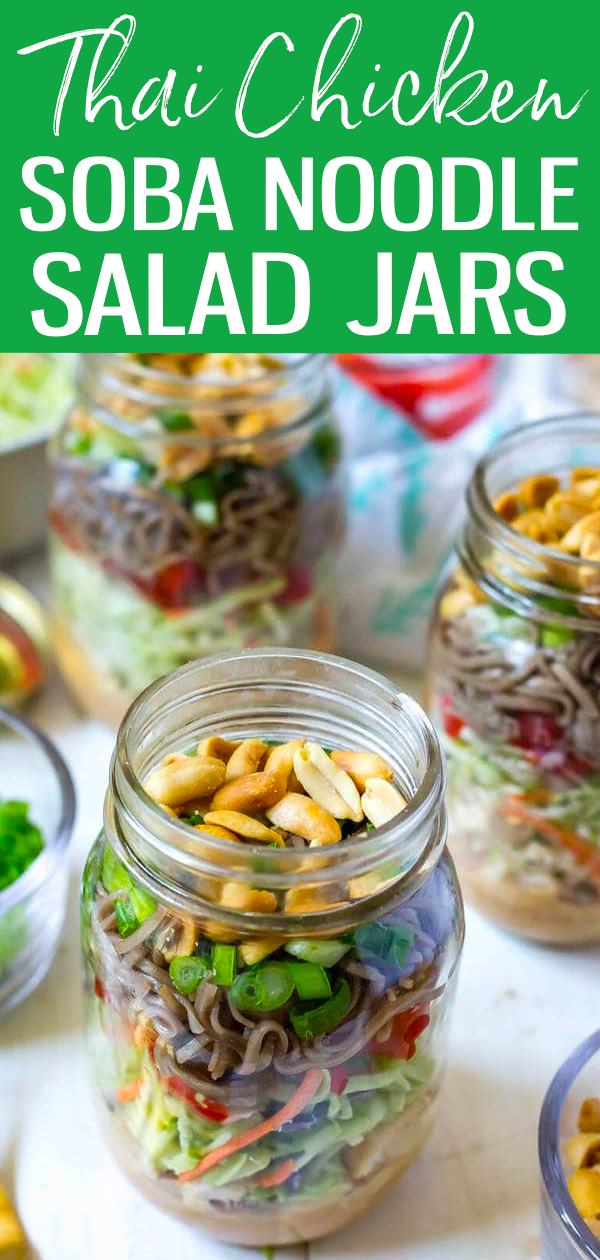 These Thai Chicken Soba Noodle Salad Jars are a delicious summer meal prep idea and a fun twist on a cold noodle salad.  #thaichicken #sobanoodles #saladjars
