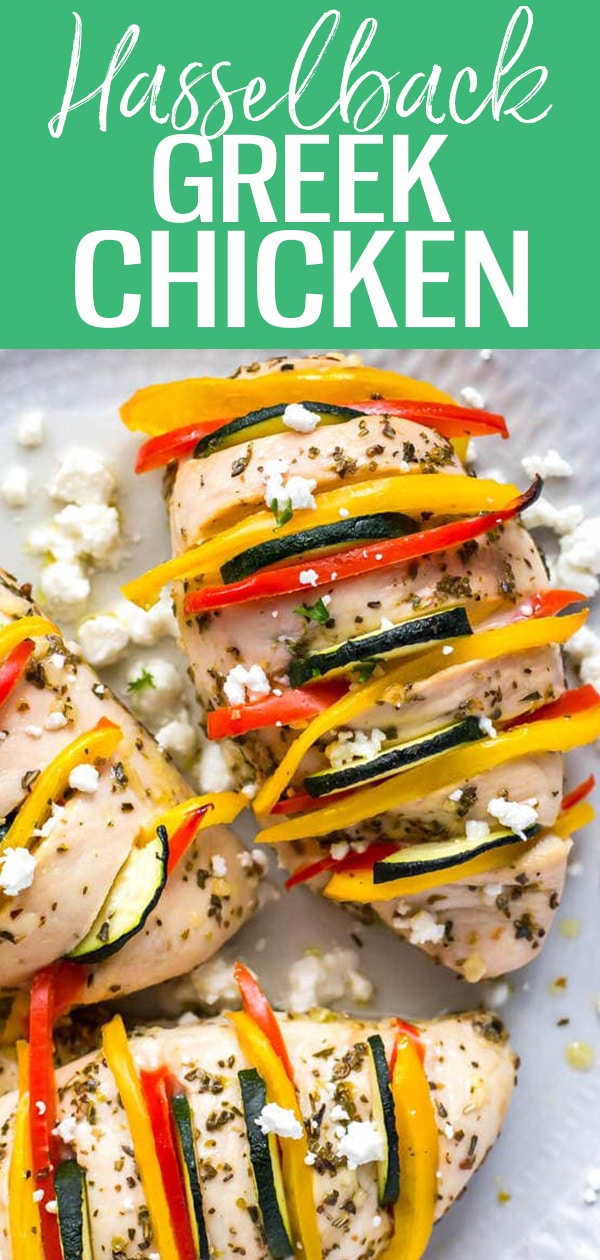This Hasselback Greek Chicken is a low-carb recipe marinated in lemon and oregano, stuffed with colourful veggies then topped with feta. #hasselback #greekchicken