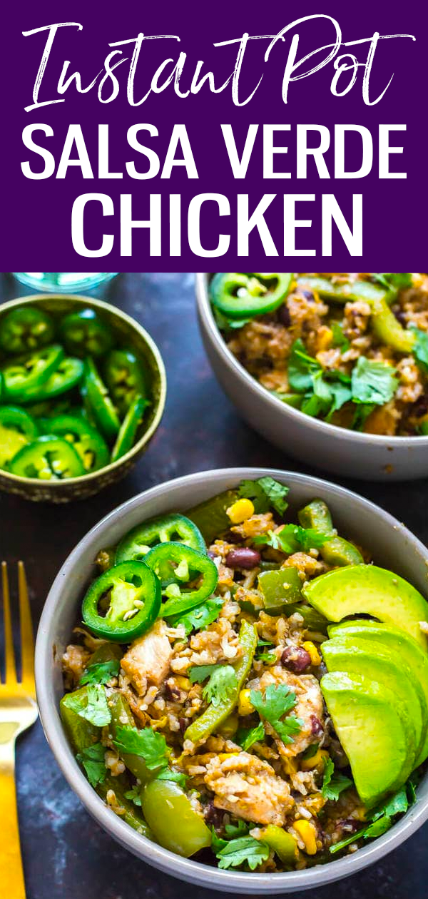 This Instant Pot Salsa Verde Chicken can be made in the Instant Pot or the slow cooker - it's a one pot Mexican-inspired rice bowl. #salsaverde #instantpot