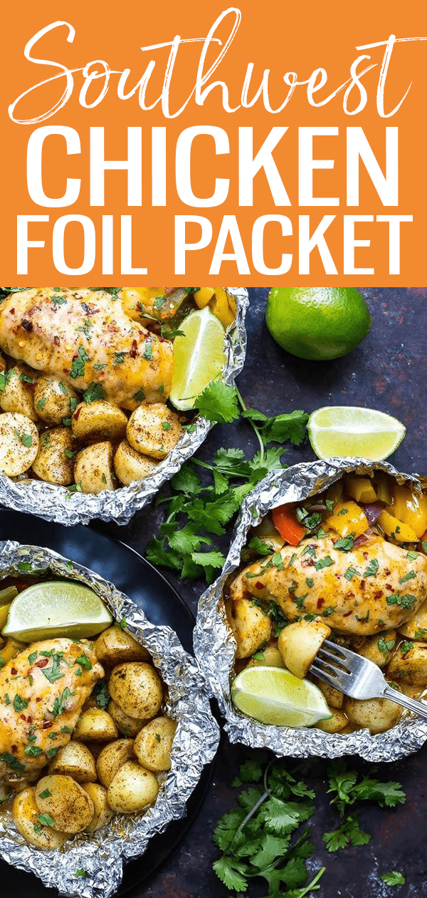 These Southwest Chicken Foil Packets with Veggies are a tasty BBQ idea. Throw everything in a foil packet and say goodbye to dirty dishes! #foilpackets #southwestchicken