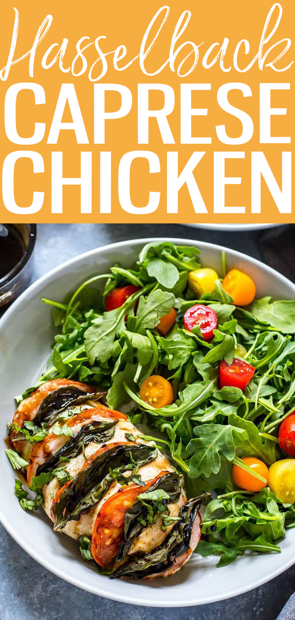 This Hasselback Baked Caprese Chicken is like summer on a plate, made with mozzarella cheese, sliced plum tomatoes and fresh basil. #hasselbackchicken #capresechicken